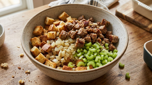  Toasted bread cubes, cooked sausage, onion, and celery in a large bowl before mixing