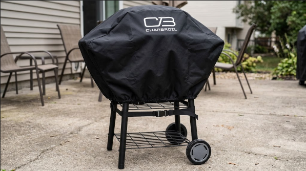 Bistro Pro cover installed with side straps cinched under the grill cart