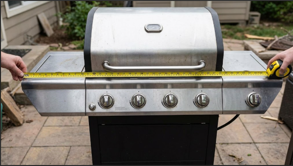 Tape measure stretched across a grill from the left shelf to the right shelf