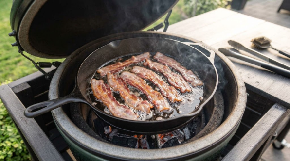 Bacon strips sizzling gently in a 12-inch cast iron skillet, with small bubbles in the rendered fat