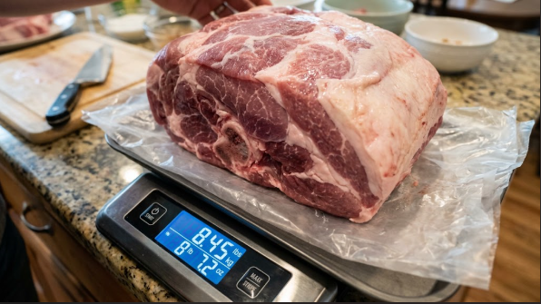 A raw bone-in pork butt on a kitchen scale showing its starting weight