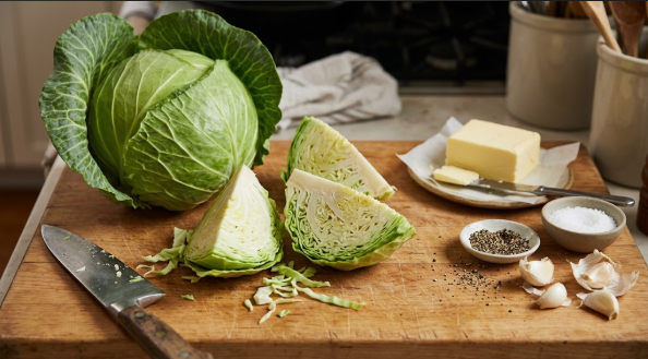 Fresh green cabbage head and cut wedges on a cutting board next to seasoning and butter