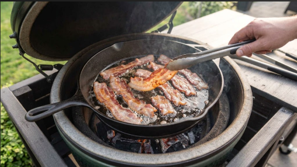 Tongs flipping a strip of bacon to show light golden color on the first side