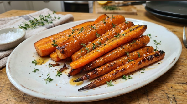 Finished glazed carrots on a white platter with thyme and flaky salt