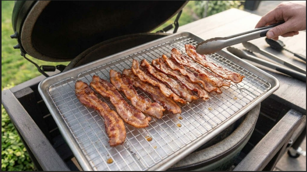 Finished bacon strips fanned out on a wire rack over a sheet pan, edges deep amber