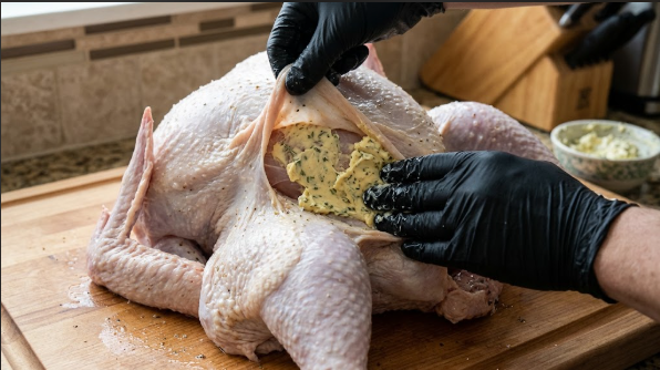 Butter being worked under the skin of the turkey breast