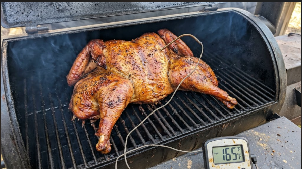 Finished turkey breast with deep golden skin and the probe reading 165°F