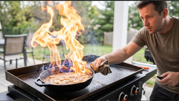 Flames rising from the skillet during the flambé, with the cook standing back at arm's length