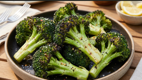 Finished grilled broccoli with dark char on the edges and bright green stem