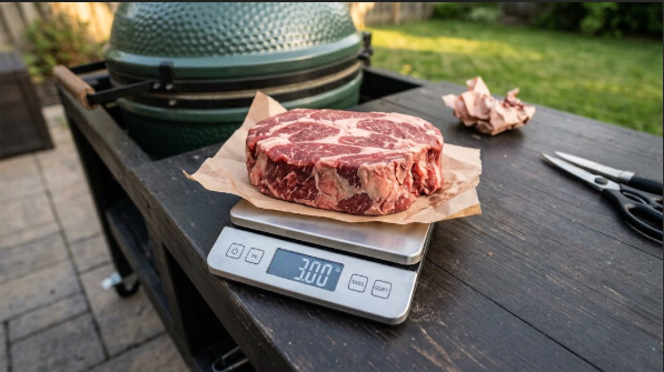 A raw 3 lb chuck roast on a scale before trimming, with the weight showing