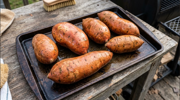 Scrubbed whole sweet potatoes on a baking sheet, ready for the smoker