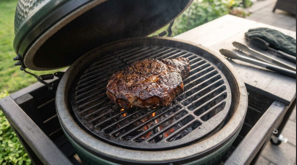 A chuck roast on the smoker grate after 3 hours, showing a deep mahogany bark before wrapping