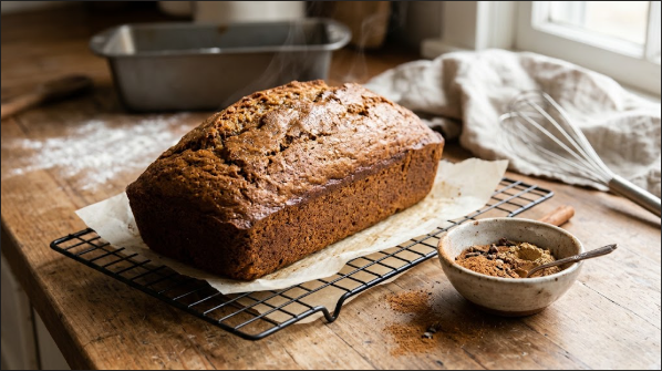 A spiced quick bread cooling on a wire rack, with a small bowl of the homemade spice blend beside it