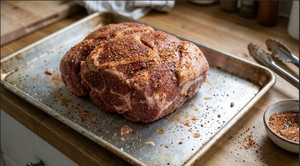A raw pork shoulder coated in a spiced dry rub on a sheet pan