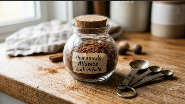 A small labeled jar of homemade allspice substitute blend next to measuring spoons