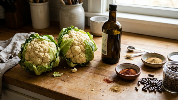 Ingredients laid out on a counter: two heads of cauliflower, oil, spices, and pellets