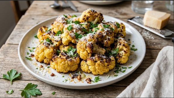 Finished florets on a platter with Parmesan and parsley