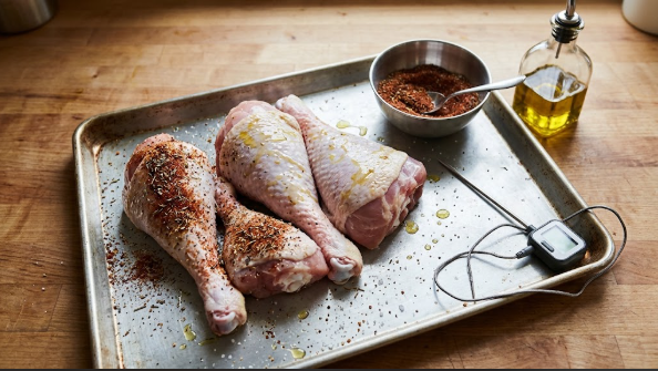 Turkey legs on a sheet pan with rub, oil, and thermometer laid out