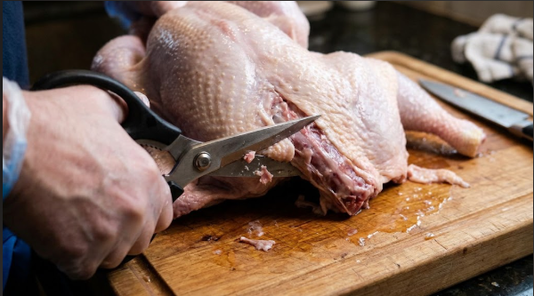 Turkey backbone side with shears cutting along the spine