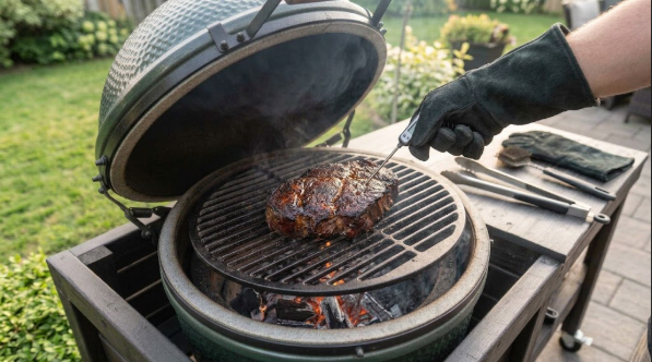A probe thermometer sliding into a finished chuck roast with almost no resistance