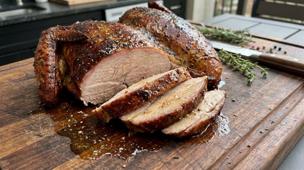 Sliced smoked spatchcock turkey breast on a cutting board, showing juicy interior