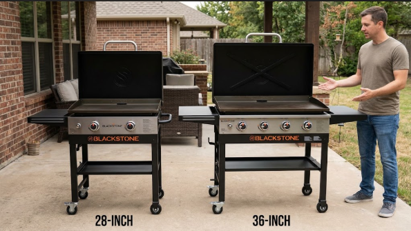 28 inch and 36 inch Blackstone griddles side by side to show the size difference