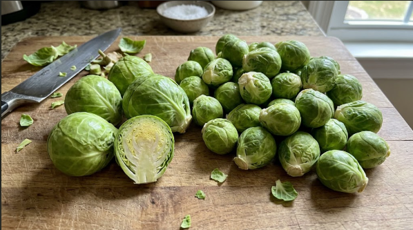 Fresh, firm Brussels sprouts on a cutting board next to a few oversized ones, to show size sorting