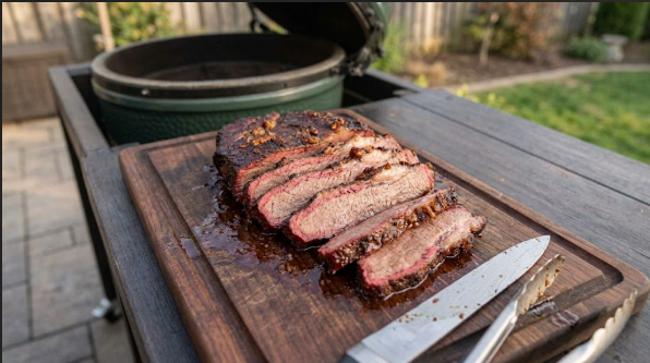 Sliced chuck roast fanned out on a cutting board, showing the pink smoke ring and juicy texture
