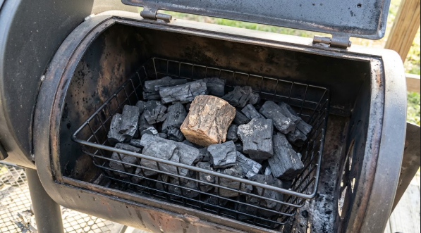 Charcoal basket loaded with lump and a wood chunk inside the side fire box