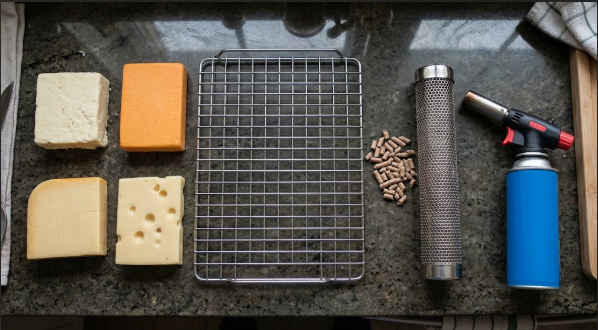 All four cheese blocks, the smoke tube, torch, and wire rack laid out on a counter