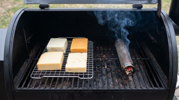 Cheese blocks on the wire rack inside the grill with the lit smoke tube and thin blue smoke