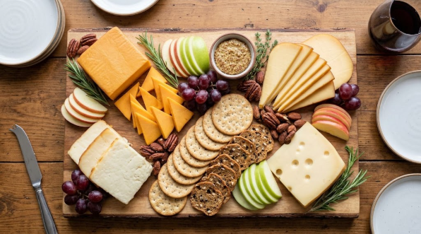 Finished charcuterie board with sliced smoked cheddar, Gouda, apples, and crackers