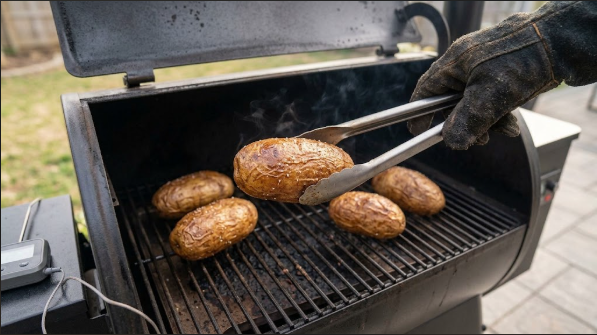A finished potato with deep golden-brown, slightly wrinkled skin coming off the grill