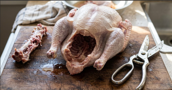 Backbone removed, turkey lying breast-side down on a cutting board with shears beside it