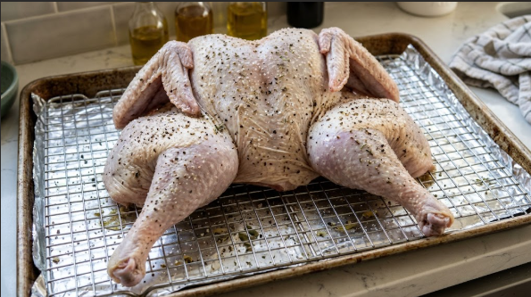 Seasoned spatchcocked turkey on a rack over a sheet pan, skin looking dry and matte after brining