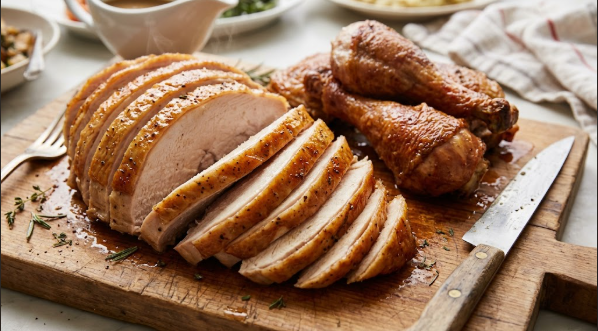 Carved turkey breast on a board, juicy slices fanned out beside the legs