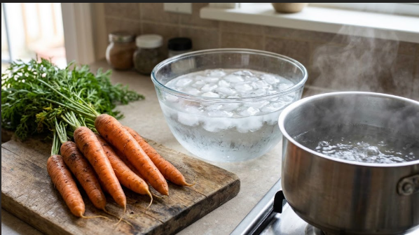 Raw whole carrots next to a bowl of ice water and a pot of boiling water, ready for blanching