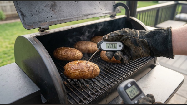 A probe thermometer in the center of a potato showing 207°F