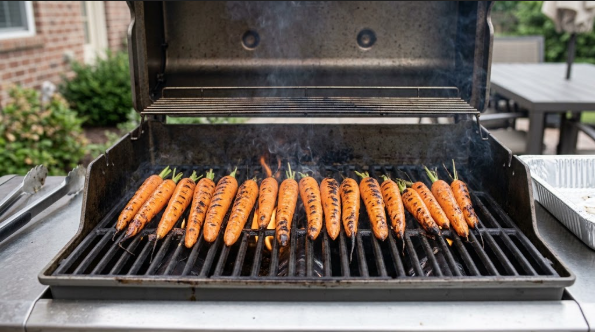 Carrots lined up across the grill grates at a 90-degree angle showing grill marks