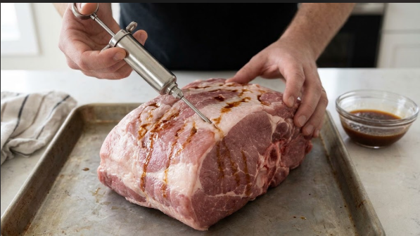  Injecting the pork butt in a grid pattern, with the needle angled into the thickest part