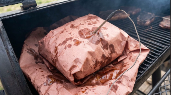  Pork butt wrapped in pink butcher paper at the stall, with a probe still in place