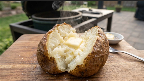 A split baked potato with steam rising, butter melting into the fluffy center