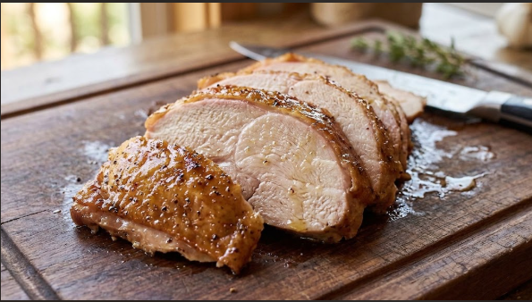Sliced injected turkey breast on a cutting board showing juicy, moist interior