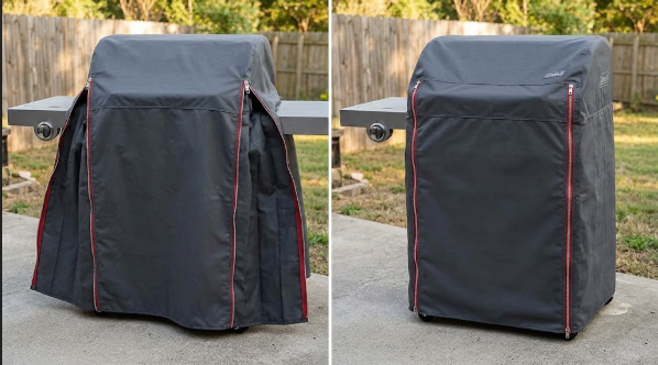 Zip2Fit cover zipped open and closed on a 4-burner grill