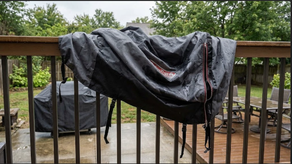 Cover removed and draped over a rail to air dry after rain