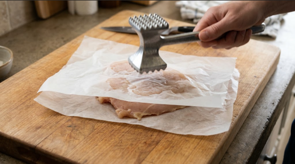 Chicken breast between parchment sheets being pounded to an even thickness with a meat mallet
