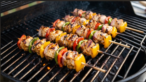 Finished chicken and pepper kabobs on the grill grates with char marks