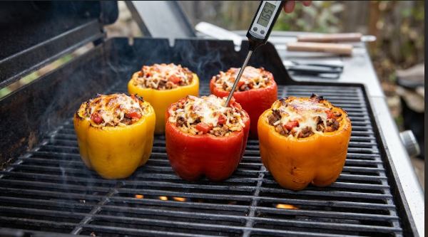 Stuffed bell peppers on a grill grate with a thermometer in one filling