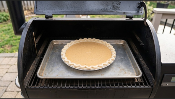 A raw pumpkin pie in a metal pan on a sheet pan, sitting on the pellet grill grate