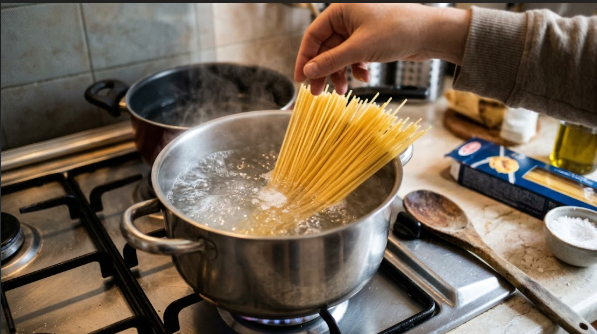 A pot of salted boiling water with a handful of spaghetti going in, wooden spoon alongside